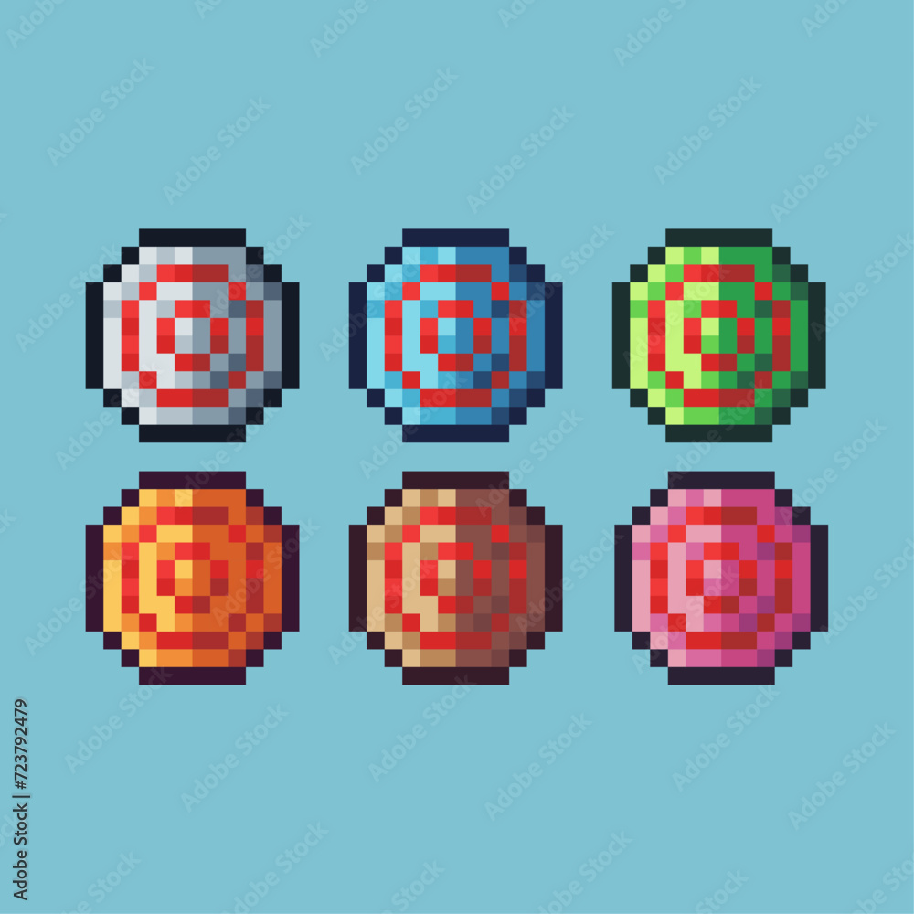 Poster pixel art sets icon of archer point variation color. target icon on pixelated style. 8bits perfect f