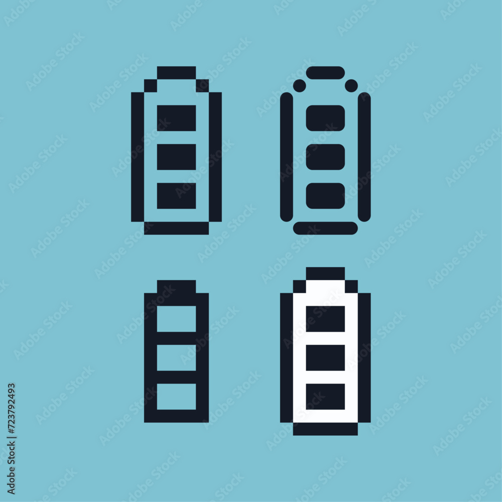 Poster pixel art outline sets icon of battery variation color. phone battery icon on pixelated style. 8bits