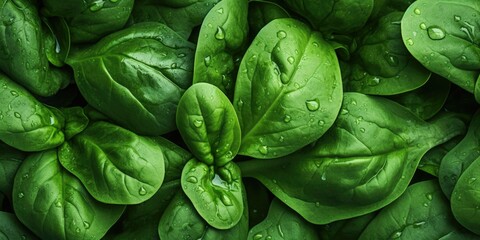 A close-up view of a bunch of fresh and vibrant spinach leaves. This image can be used to showcase the natural beauty of vegetables or to promote healthy eating habits - Powered by Adobe