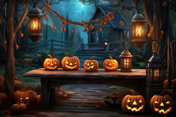 Fototapeta premium Jack o lantern pumpkins with lighted lamp decorations on and around the Halloween party themed table