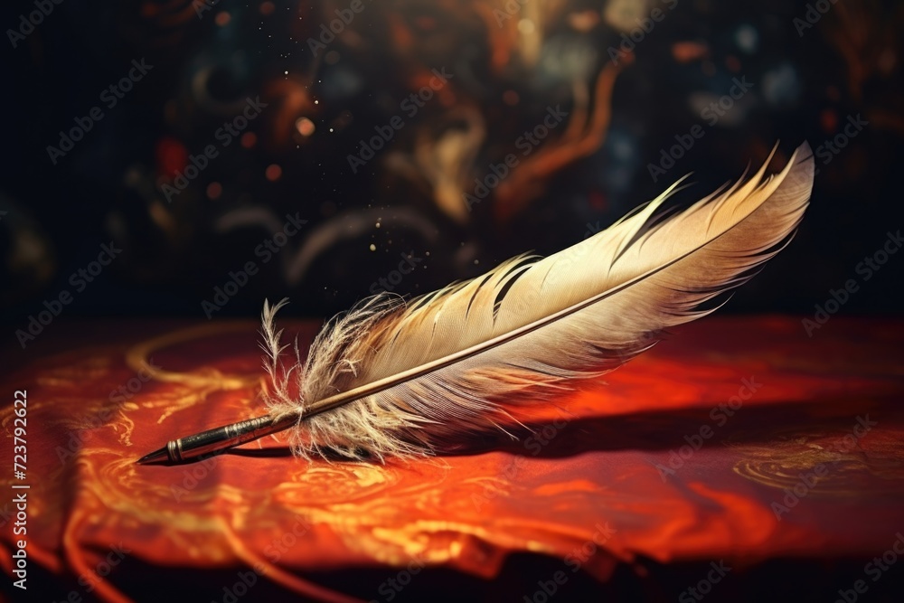 Poster a feather quill resting on a vibrant red cloth. versatile image suitable for various creative projec