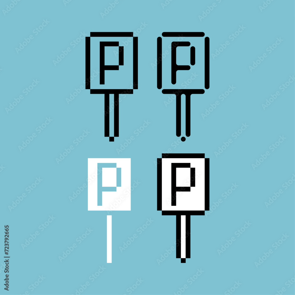 Poster pixel art outline sets icon of parking sign variation color. p sign icon on pixelated style. 8bits p
