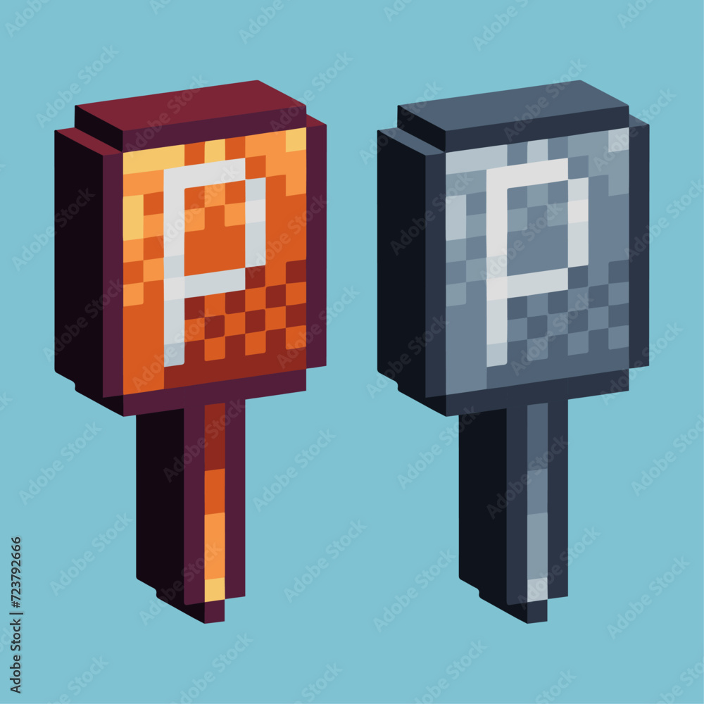 Poster isometric pixel art 3d of parking sign icon for items asset. park sign icon on pixelated style.8bits
