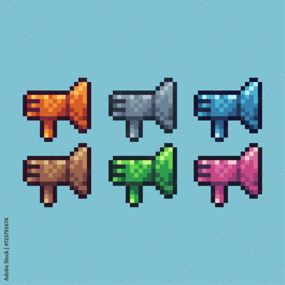 Poster pixel art sets icon of megaphone variation color.megaphone icon on pixelated style. 8bits perfect fo