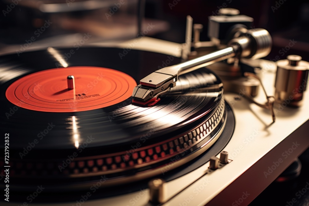 Aufkleber a close up view of a turntable with a record on it. perfect for music enthusiasts or dj-themed desig