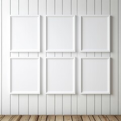 Set of Six White Frames Hanging on Wall