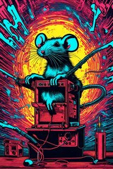 a vintage retro psychedelic black light concert gig band music poster featuring a rat in an electric chair getting electrocuted. Death penalty. 