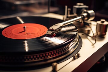 A close up view of a turntable with a record on it. Perfect for music enthusiasts or DJ-themed designs