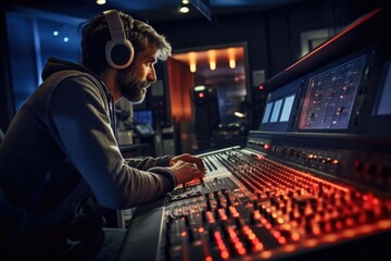 A man is sitting at a mixing desk wearing headphones. This image can be used to depict a music...