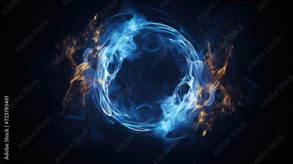 Poster a circle of blue and orange smoke on a black background. this image can be used for various design p