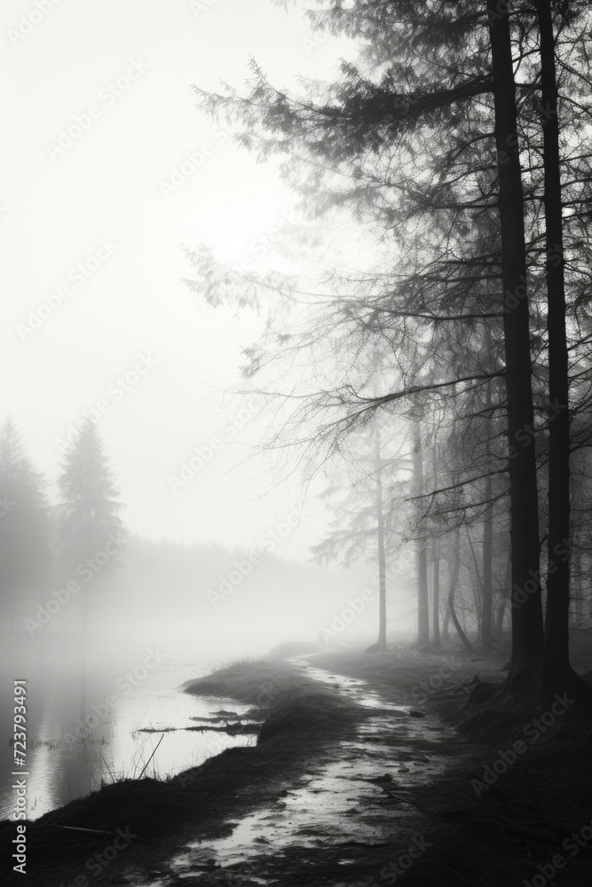 Poster A captivating black and white photograph of a foggy forest. Perfect for adding an ethereal and mysterious touch to any project