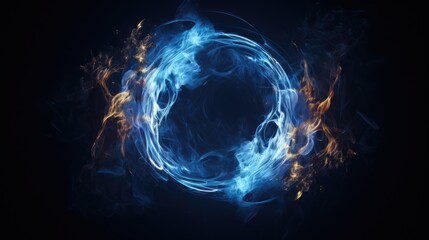 A circle of blue and orange smoke on a black background. This image can be used for various design projects