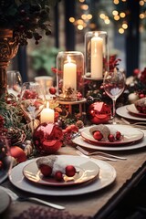 Naklejka na ściany i meble A beautifully set table for a festive Christmas dinner. This image can be used to depict holiday celebrations and decorations