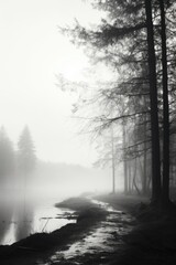 Fototapeta na wymiar A captivating black and white photograph of a foggy forest. Perfect for adding an ethereal and mysterious touch to any project