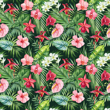 Tropical exotic leaves palm, orchid and hibiscus flowers, floral background Seamless pattern watercolor summer wallpaper