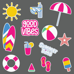 Cute summer time cartoon sticker pack vector, element, icon