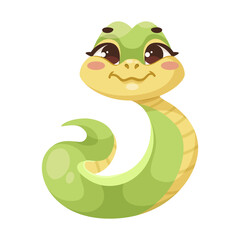 Cartoon cute green smiles snake isolated on white background. Little child snake character. Chinese horoscope zodiac sign, year of the snake 2025. Friendly character of reptile. Vector illustration