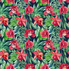 Keuken spatwand met foto Tropical exotic leaves palm, orchid flowers and plants, floral background. Seamless pattern, watercolor summer wallpaper © Hanna