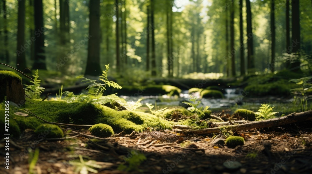 Aufkleber A serene image of a stream flowing through a vibrant and lush green forest. Perfect for nature enthusiasts and those seeking a peaceful and tranquil setting