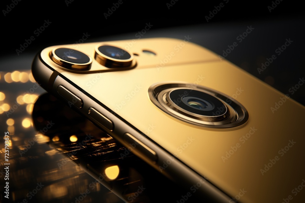 Poster A detailed view of a camera lens attached to a cell phone. This image can be used to showcase modern technology and the capabilities of smartphone cameras