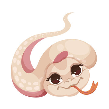 Cartoon cute pink snake isolated on white background. Little child snake character. Chinese horoscope zodiac sign, year of the snake 2025. Friendly character of smiling reptile. Vector illustration