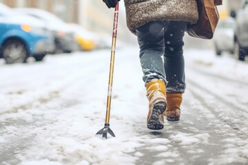A person walking in the snow with ski poles. Suitable for winter sports and outdoor activities