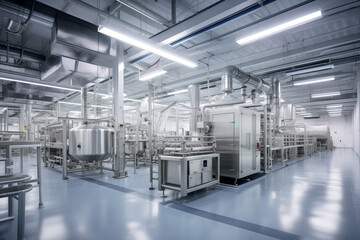 Vegan food production factory facility before workers come. Machinery and equipment stand ready positioned to transform fresh plant-based ingredients to dishes