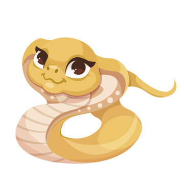 Cartoon cute smiles cobra snake isolated on white background. Little child snake character. Chinese horoscope zodiac sign, year of the snake 2025. Friendly character of reptile. Vector illustration