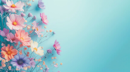 Pastel flower arrangement against blue background. Copy space.
