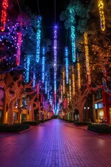 Glowing Christmas lights hanging over a brick walkway