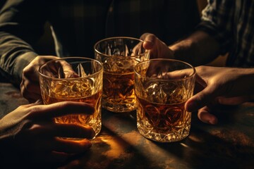 A group of people gathered together, each holding a glass of whiskey. Perfect for social gatherings or celebrations.