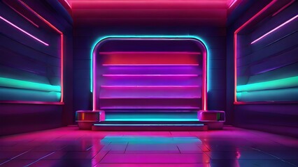 Abstract neon light into digital technology tunnel, futuristic door technology with purple and blue neon lights, neon lights background
