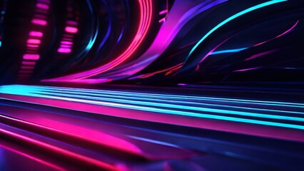 abstract neon lights background with lines, futuristic tunnel technology with purple and blue neon lights, neon lights background