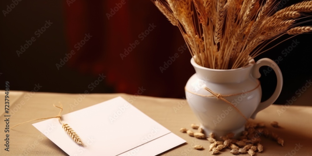 Poster a vase of wheat and a card on a table. suitable for various occasions and themes