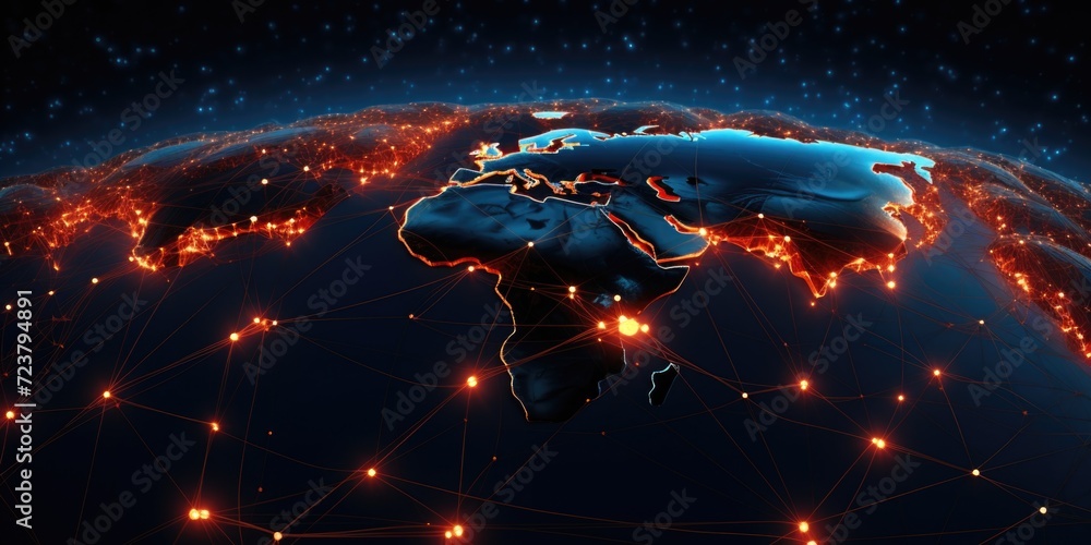 Poster A captivating image showcasing a map of the world adorned with numerous glowing lights.