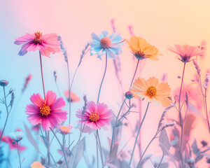 Flower blossom background. Neon pink blue yellow bloom on bright pink surface.
