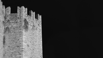Medieval Military Architecture. Prato Emperor's Castle crenellated tower ruins (Black and White with copy space) - 723794830