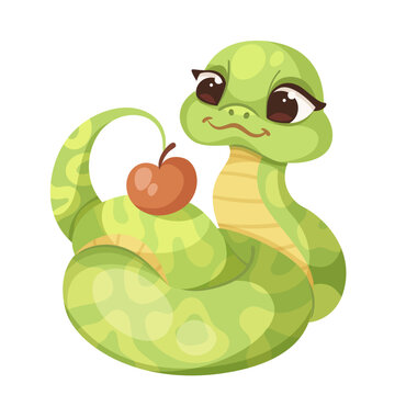Cartoon cute green smiles snake isolated on white background. Little child snake character. Chinese horoscope zodiac sign, year of the snake 2025. Friendly character of reptile. Vector illustration