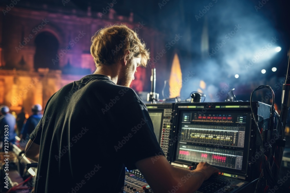 Poster a man stands in front of a sound board. ideal for music production or recording studio concepts