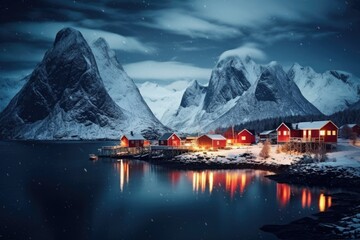 A picturesque snowy mountain range with a charming red house on the shore. Perfect for winter landscapes and cozy cabin themes