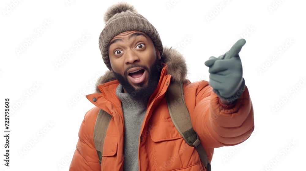 Poster a man wearing an orange jacket and hat is making a funny face. this picture can be used to add a tou