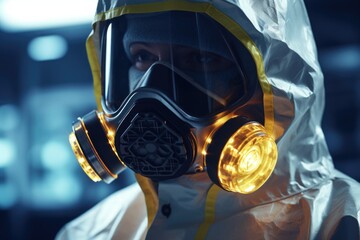 A man wearing a gas mask and protective suit. Suitable for illustrating concepts related to safety, pollution, hazardous environments, and chemical warfare.