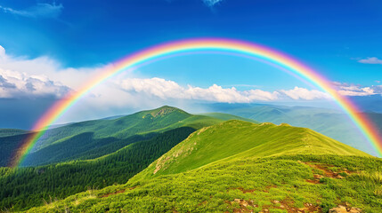Beautiful rainbow in green mountain valley with green hills with copy space. Ecotourism concept. Generative AI