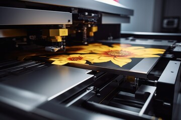 A machine printing yellow flowers on a sheet of paper. Ideal for craft projects and floral designs