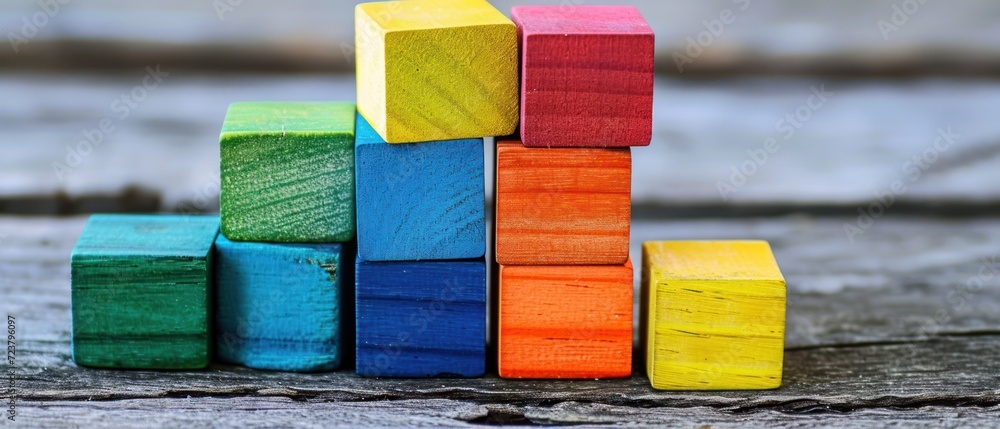 Poster stacked wooden blocks displaying a spectrum of multiple colors