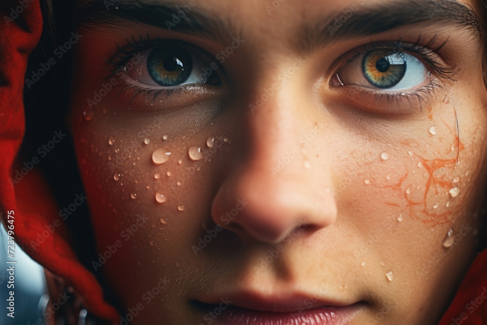 Poster a close up view of a person wearing a red hoodie. this image can be used for various purposes