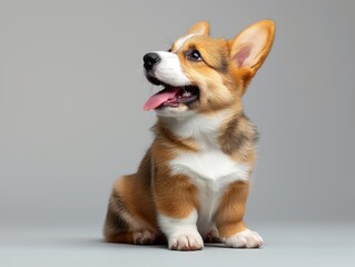 happy Puppy Welsh Corgi 14 Weeks old, dog winking, panting and sitting isolated on white