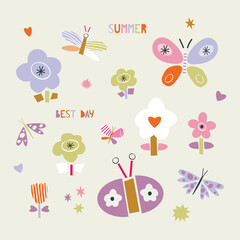 Isolated Vector Set of  Flowers and 
 Butterflies.