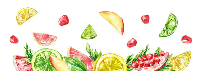 Citrus juicy banner fruits lemon lime grape yellow green pink healthy meal summer drinks watercolor