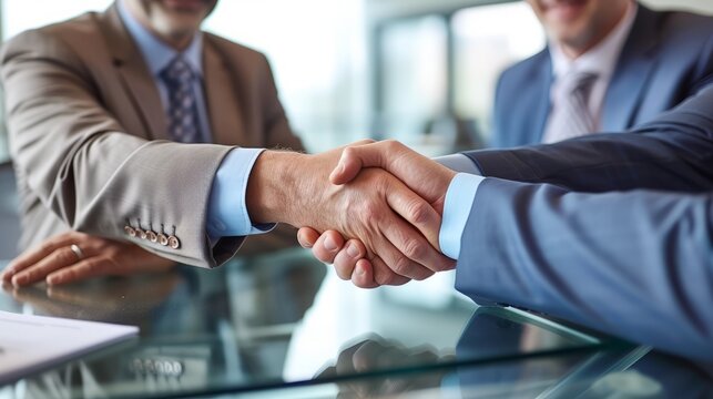 Businessmen in suits shaking hands over a glass table